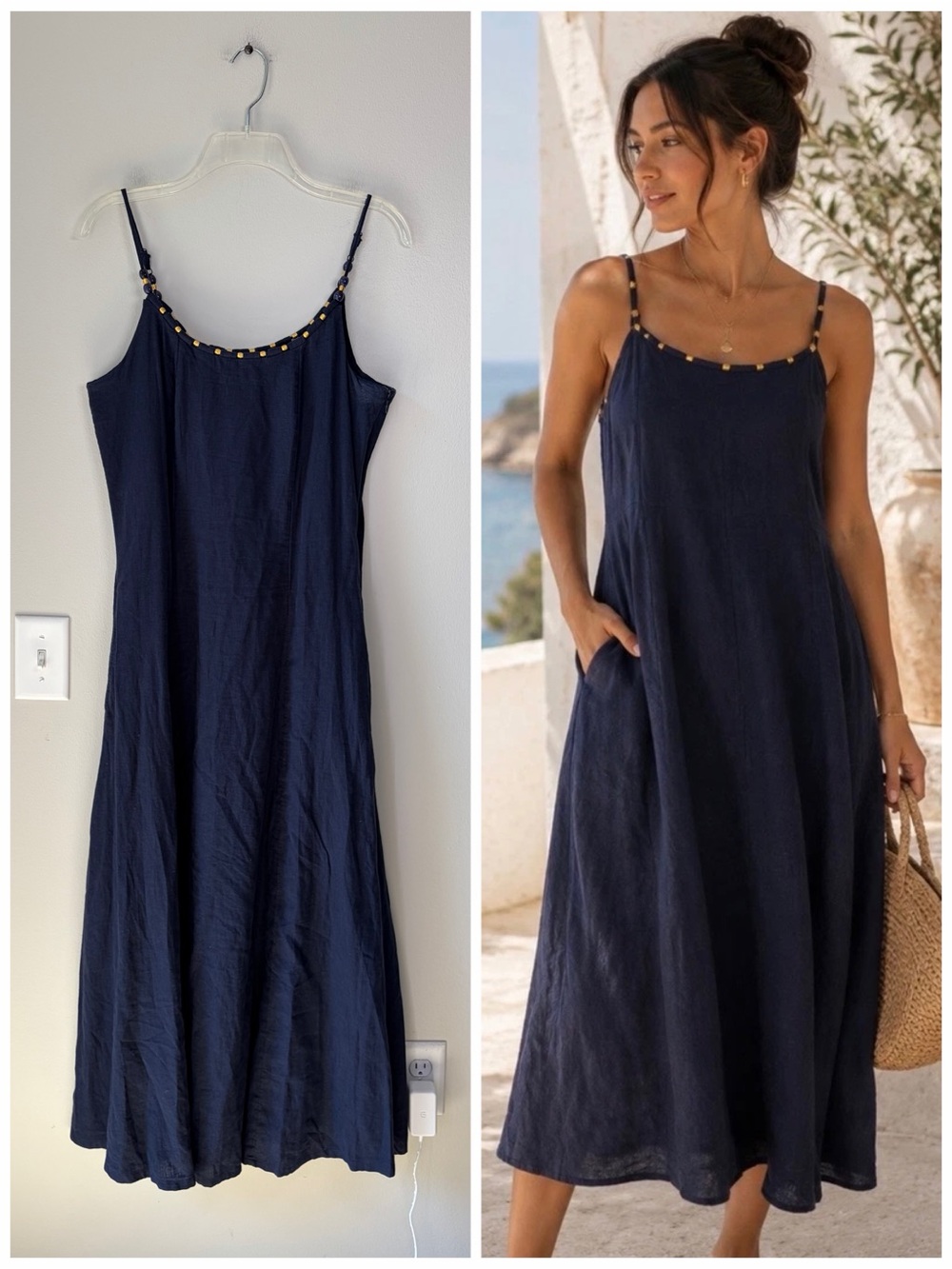 Calypso St. Barth Navy Linen Blend Beaded Neckline Maxi Dress Vacation